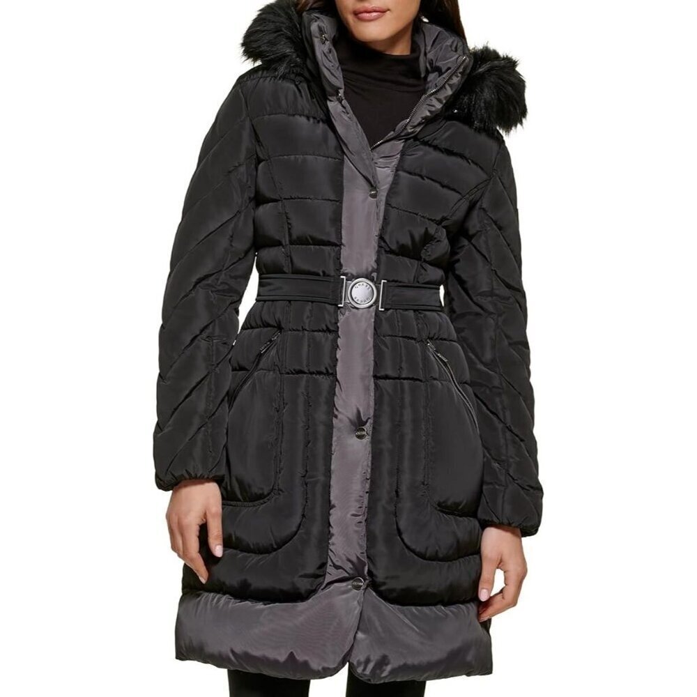 Guess Black Midweight Belted Puffer Jacket With Removable Fur Trim Size M
